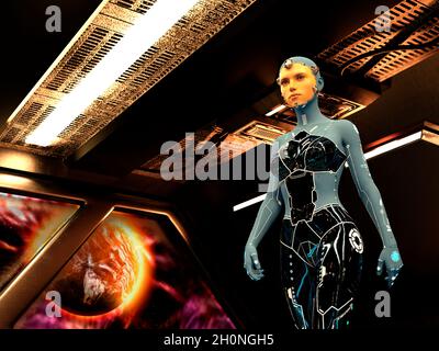 Cyborg with the face of a real young woman in the starship. Conceptual of futuristic bionics and artificial intelligence. 3d rendering Stock Photo