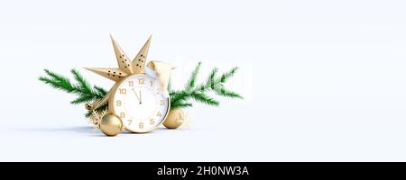 Merry Christmas and Happy New Year greeting card. Golden decoration and fir tree on white background with copy space 3d render 3d illustration Stock Photo