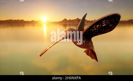Hummingbird voronoi 3d model structure flying over lake at sunset. 3d Ilustration. Stock Photo