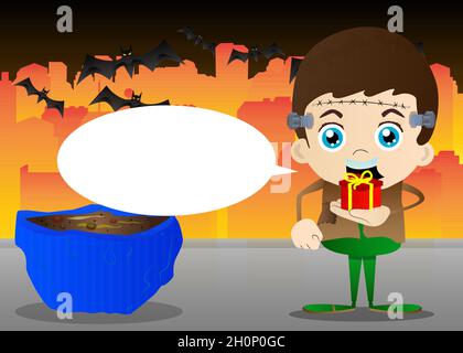 Kids dressed for Halloween holding small gift box. Vector cartoon character illustration of kids ready to Trick or Treat. Stock Vector