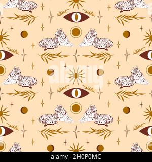 Esoteric pattern with Chinese tigers, plant branches, sun and moon. Vector illustration.  Stock Vector