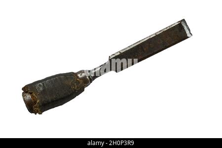 old rusty chisel lie on a white background close-up Stock Photo
