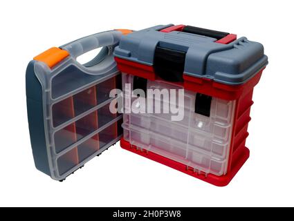 plastic boxes and containers for storing and carrying tools and various little things in the range Stock Photo