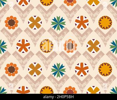 Neutral earthy grounded warm hues geometric flowers in various circular and v shapes. Vector pattern for backgrounds, digital realm, printed items. Stock Vector