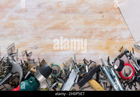 Image of hand tools for repairing on wooden surface Stock Photo