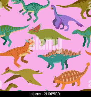 Seamless pattern with cute cartoon doodle dinosaurs and nature elements, rocks, leaves and stars. Adorable children design. Stock Vector