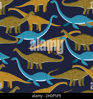 Seamless pattern with cute cartoon doodle dinosaurs, diplodocus, giraffe titan and plesiosaur. Adorable children design. Stock Vector