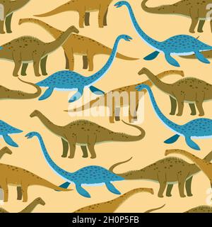 Seamless pattern with cute cartoon doodle dinosaurs, diplodocus, giraffe titan and plesiosaur. Adorable children design. Stock Vector
