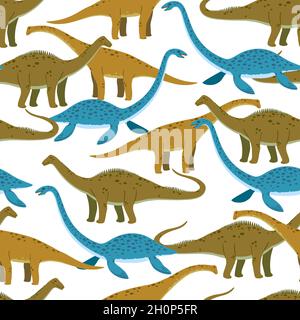 Seamless pattern with cute cartoon doodle dinosaurs, diplodocus, giraffe titan and plesiosaur. Adorable children design. Stock Vector