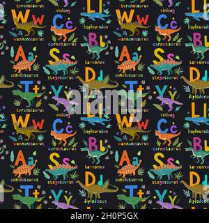 Seamless pattern with cute cartoon doodle dinosaurs, nature elements and hand drawn letters. Adorable children design. Stock Vector