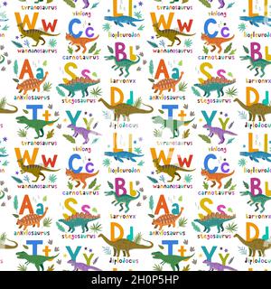 Seamless pattern with cute cartoon doodle dinosaurs, nature elements and hand drawn letters. Adorable children design. Stock Vector
