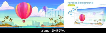 Tropical landscape with flying hot air balloons, sea bay, palm trees on beach and mountains on horizon. Vector parallax background for 2d animation with cartoon colorful airships with baskets Stock Vector