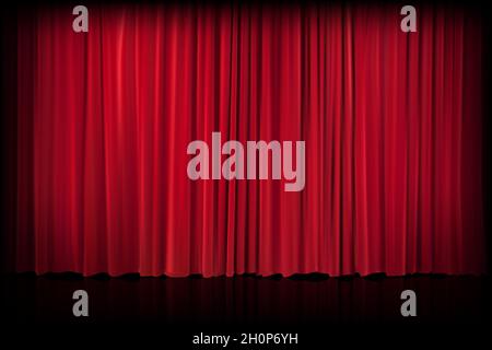 Red velvet curtain in theater or cinema. Vector background with closed stage curtains with drapery, spot of light and reflection on glossy floor. Red Stock Vector