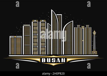 Vector illustration of Busan, dark horizontal poster with linear design famous busan city scape on dusk starry sky background, asian urban line art co Stock Vector