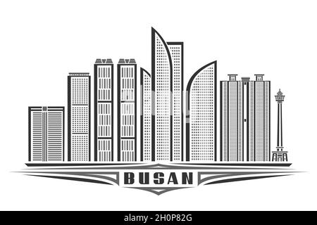 Vector illustration of Busan, monochrome horizontal poster with linear design famous busan city scape, urban line art concept with unique decorative l Stock Vector
