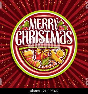 Vector logo for Merry Christmas, green decorative badge with illustration of kids sock, cute gingerbread, holly berry leaves, cartoon design gift box Stock Vector