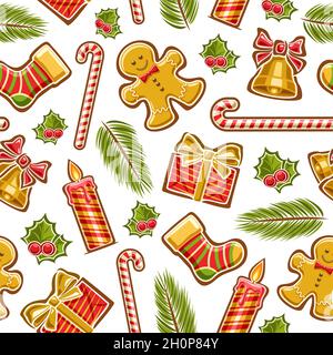 Vector Christmas Seamless Pattern, square repeating background with various cartoon christmas objects, decorative poster with cut out illustrations of Stock Vector