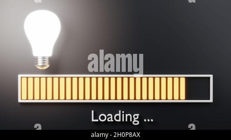 Loading bar progressing with bulb almost complete, Idea loading concept, lightbulb big idea innovation on dark background, 3D rendering illustration Stock Photo