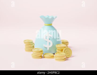 Money bag with stack coins dollar icon, moneybag savings money or cash sack on pink background, finance earnings profit, 3D rendering illustration Stock Photo