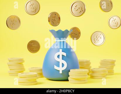 Money bag with dollar cash sack moneybag with dollar coins, Canvas money sacks, business and finance, moneybag and gold coins simple cartoon icon on y Stock Photo