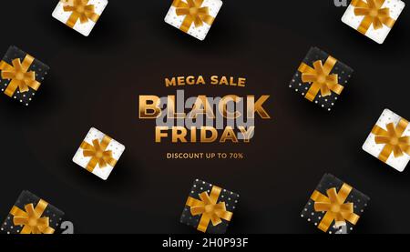 black friday sale. banner, poster with gift boxes black and white color. gold text Stock Vector