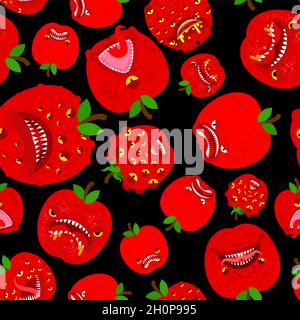 Apple monster GMO mutant pattern seamless. Angry fruit with teeth background. Hungry Alien Food vector texture Stock Vector