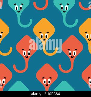 Cute stingray pattern seamless. Cartoon sea animal background. Baby fabric texture Stock Vector