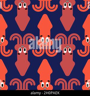 Cute Squid pattern seamless. Cartoon calamary sea animal background. Baby fabric texture Stock Vector