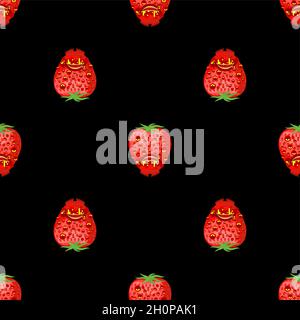 Strawberry monster GMO mutant pattern seamless. Angry Berry with teeth background. Hungry Alien Food vector texture Stock Vector