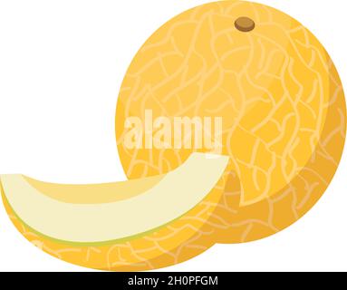 Melon icon. Whole fruit and half or wedge. Sweet food for a healthy diet, dessert, snack. Yellow fruit or vegetable. Elements for summer design. Source of vitamin A. Vector flat illustration Stock Vector