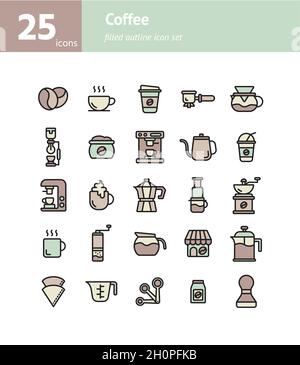 Coffee filled outline icon set. Vector and Illustration. Stock Vector