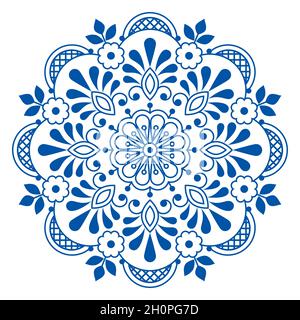 Folk art Scandinavian vector mandala design with flowers, greeting card or wedding invitation floral pattern inspired by and old lace and embroidery o Stock Vector