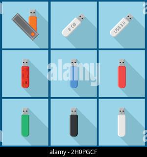 Set of USB Flash Drive. Computer technologies. Information transfer element. Colored set of data storage. Technology digital portable devices. Flat ic Stock Vector