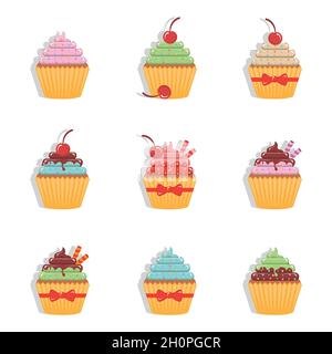 Hand drawn Cupcake. Sweet bakery shop. Cupcake logo. Sugar food. Sweet cream. Set of sweet sugar cupcake isolated on white background. Custard cake. D Stock Vector