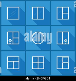 Window set. Flat icons with a long shadows. Front view of plastic windows. Different types of room windows design. Vector graphics to design Stock Vector