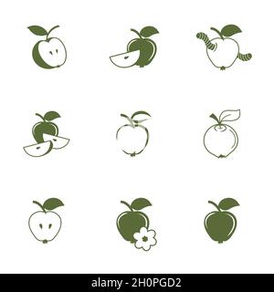 Hand drawn Apple Icons. Natural healthy food. Apple with a worm. Colour illustration of apple suitable as logo. Green apple. Set of apples isolated on Stock Vector