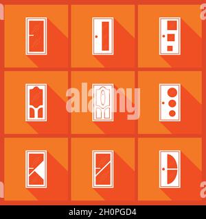 Doors set. Flat icons with a long shadows. Front view of plastic doors. Different types of room doors design. Vector graphics to design Stock Vector