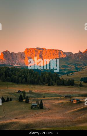 Alpe di Siusi (German; Seiser Alm) is a Dolomite plateau and the largest high-altitude Alpine meadow in Europe. Located in Italy's South Tyrol provinc Stock Photo