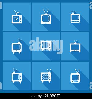TV sets. Flat icons with a long shadows. Front view of televisions. Different types of TV design. Vector graphics to design Stock Vector
