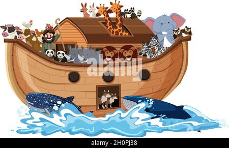 Animals on Noah's ark with sea wave isolated on white background ...