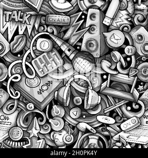 Cartoon doodles Audio content seamless pattern. Stock Vector