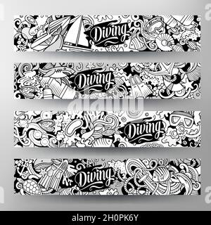 Cartoon cute doodles Diving horizontal banners set Stock Vector