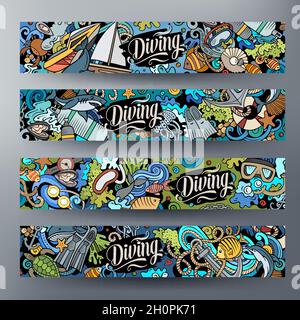 Cartoon cute doodles Diving horizontal banners set Stock Vector