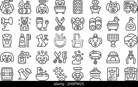 Dogs spa icons set outline vector. Shower grooming. Animal spa Stock Vector