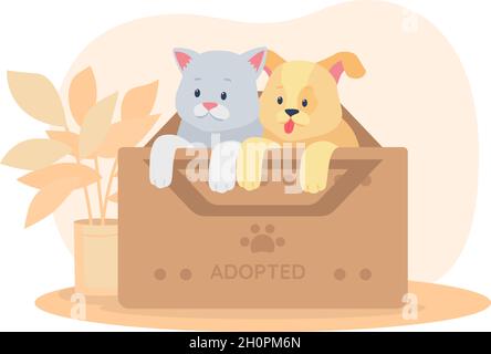Rescued pets in box 2D vector isolated illustration Stock Vector