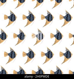 Sea animal seamless pattern with angelfish or scalar. Undersea world habitants print. Hand drawn underwater life vector illustration. Funny cartoon marine animals character for kid fabric, textile. Stock Vector