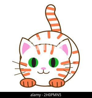 Funny cartoon cat, cute vector illustration in flat style. White and orange cat. Smiling fat kitten. Positive print for sticker, cards, clothes, texti Stock Vector