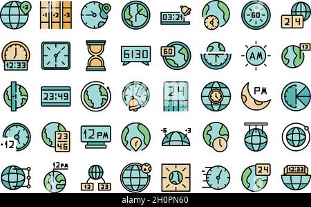 Time zones icons set outline vector. Clock hour. Calendar earth Stock ...