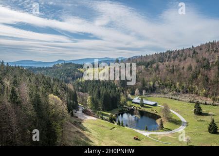 Drinking water dam Frauenau with view towards Alps in Bavarian Forest in summer with beautiful view and distant view, Germany Stock Photo