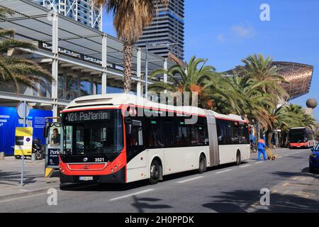 BARCELONA, SPAIN - OCTOBER 7, 2021: Volvo city bus in Barcelona, Spain. Barcelona is the 2nd largest city of Spain. Stock Photo